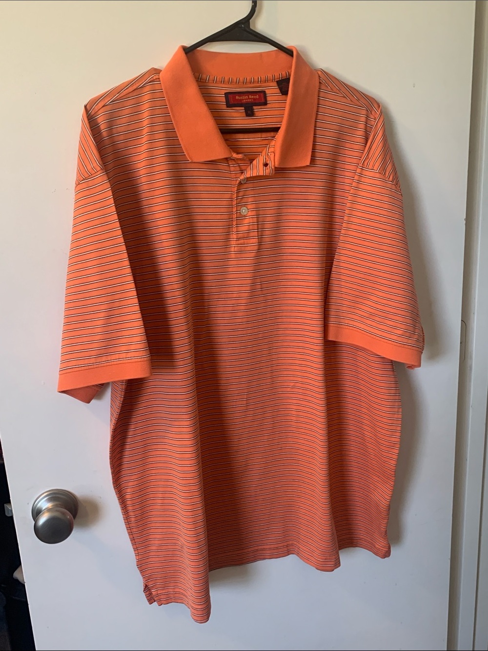 Austin Reed Orange Polo with Thin Navy Stripes